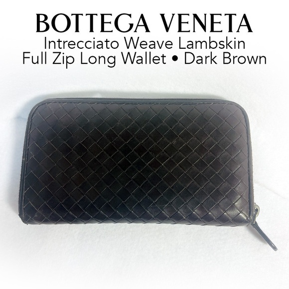 Bottega Veneta Handbags - Bottega Veneta Intrecciato Weave Lambskin Full Zip Long Dark Brown Wallet